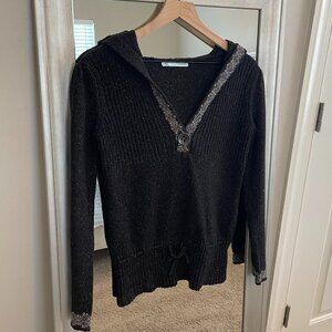 Maurices Women's Heather Black V Neck Gray Trim Hooded Sweater Size L
